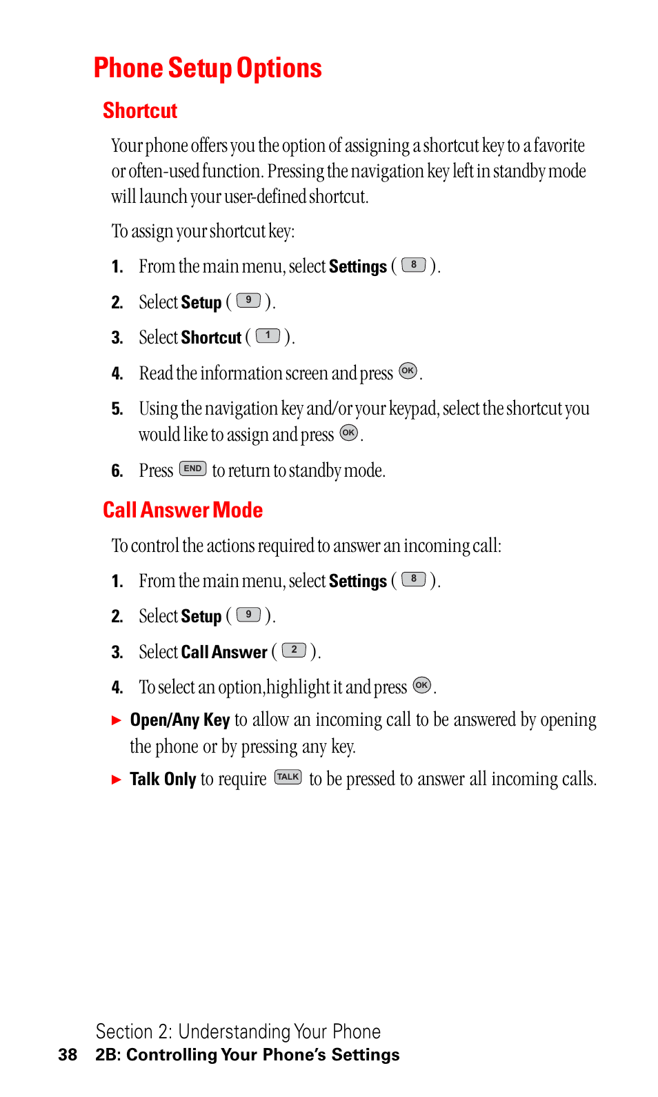 Phone setup options, Shortcut, Call answer mode | Select, Read the information screen and press, Press to return to standby mode | LG ( 5350) User Manual | Page 46 / 155