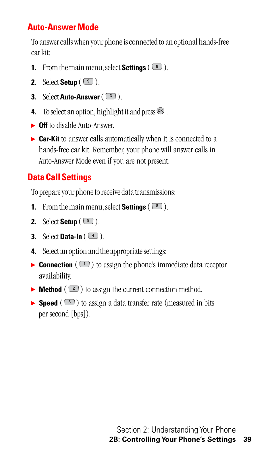 Auto-answer mode, Data call settings, Select | Select an option and the appropriate settings | LG ( 5350) User Manual | Page 47 / 155