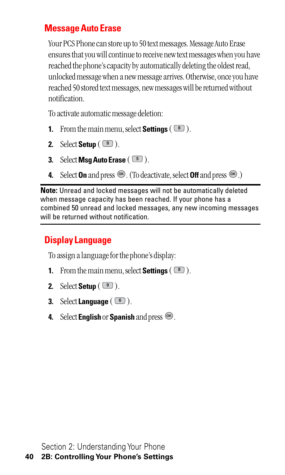 Display language, Message auto erase, Select | And press . (to deactivate, select, And press .), And press | LG ( 5350) User Manual | Page 48 / 155