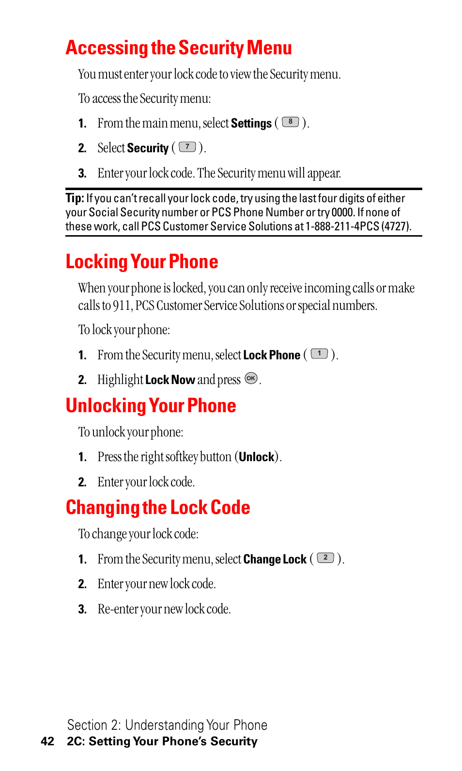 Accessing the security menu, Locking your phone, Unlocking your phone | Changing the lock code | LG ( 5350) User Manual | Page 50 / 155