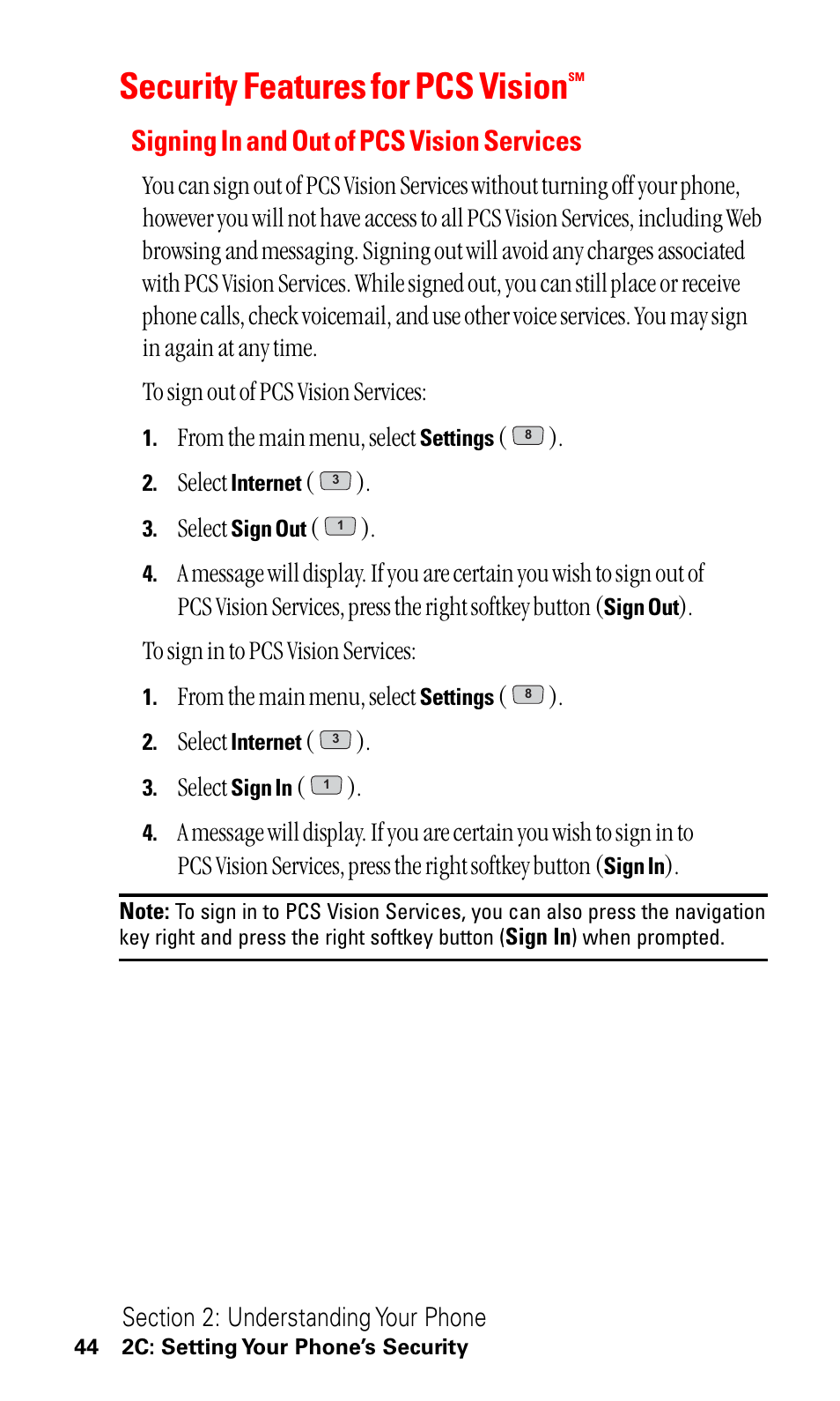 Security features for pcs vision, Signing in and out of pcs vision services | LG ( 5350) User Manual | Page 52 / 155