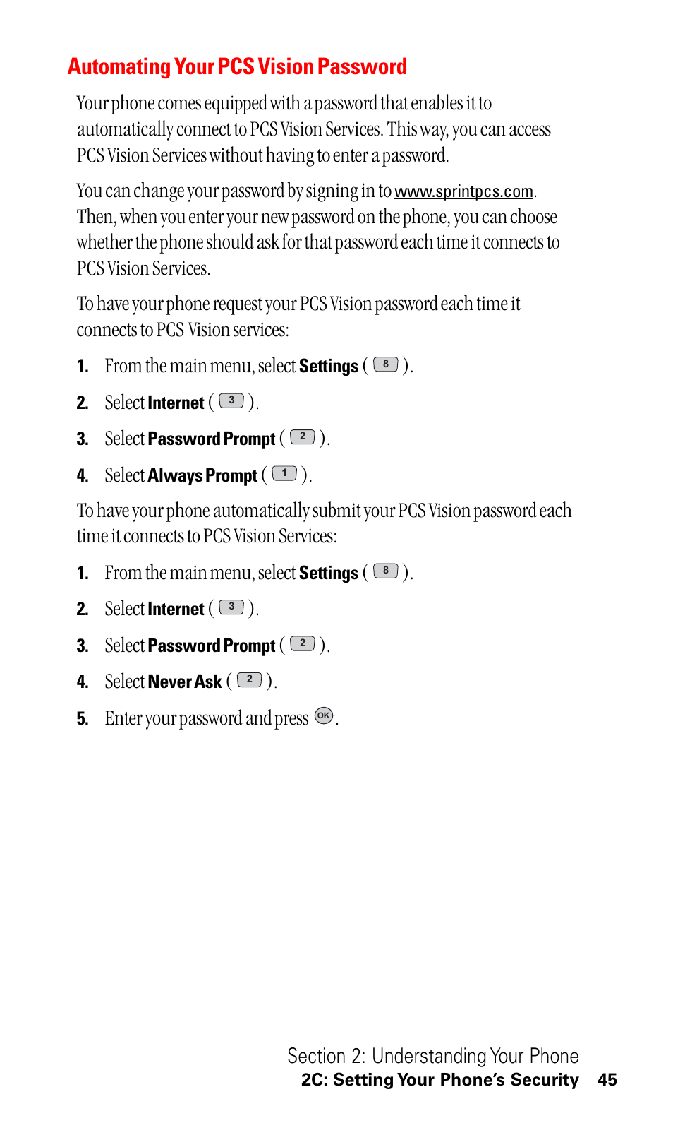 Automating your pcs vision password, Select, Enter your password and press | LG ( 5350) User Manual | Page 53 / 155