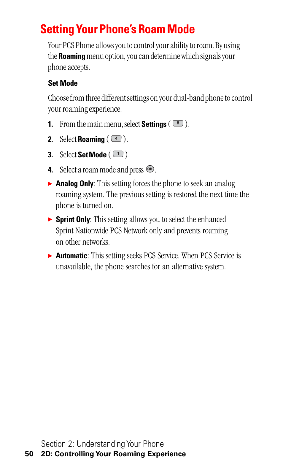 Setting your phone’s roam mode, Select, Select a roam mode and press | LG ( 5350) User Manual | Page 58 / 155