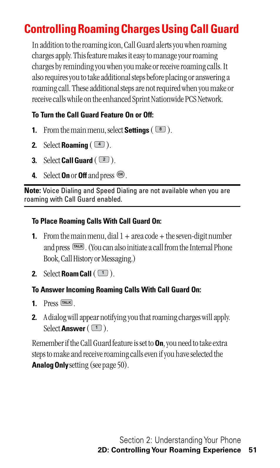 Controlling roaming charges using call guard, Select, And press | Press, Remember if the call guard feature is set to, Setting (see page 50) | LG ( 5350) User Manual | Page 59 / 155