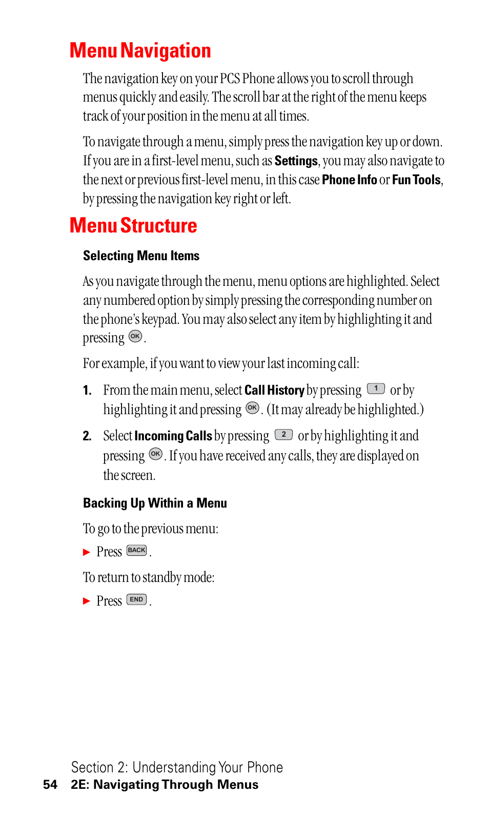 Menu navigation, Menu structure, By pressing the navigation key right or left | Select, Press . to return to standby mode, Press | LG ( 5350) User Manual | Page 62 / 155