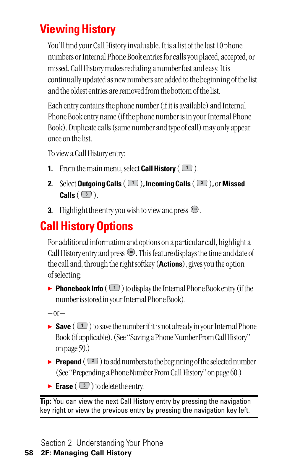 Viewing history, Call history options, Select | Highlight the entry you wish to view and press, Gives you the option of selecting | LG ( 5350) User Manual | Page 66 / 155