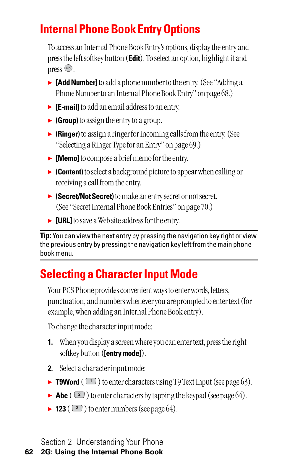 Internal phone book entry options, Selecting a character input mode, Select a character input mode | LG ( 5350) User Manual | Page 70 / 155