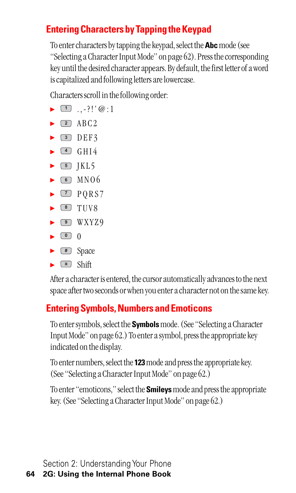 Entering characters by tapping the keypad, Entering symbols, numbers and emoticons, A b c 2 | D e f 3, G h i 4, J k l 5, M n o 6, T u v 8, Space | LG ( 5350) User Manual | Page 72 / 155