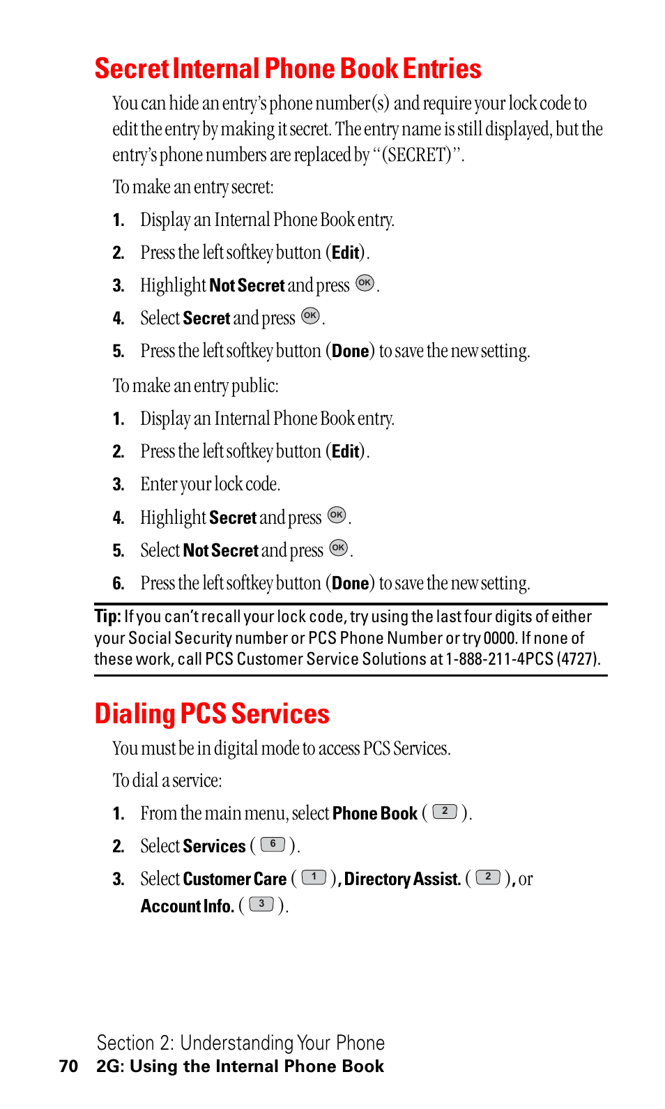 Secret internal phone book entries, Dialing pcs services | LG ( 5350) User Manual | Page 78 / 155