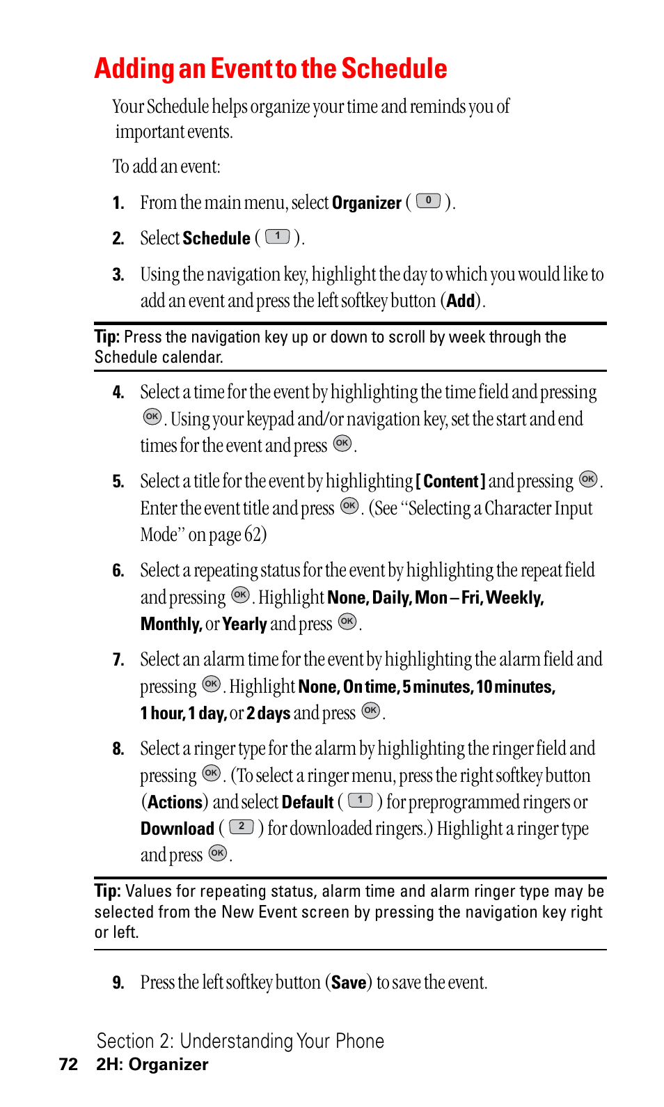 Adding an event to the schedule, Select, Select a title for the event by highlighting | And press, And select, For preprogrammed ringers or, Press the left softkey button | LG ( 5350) User Manual | Page 80 / 155