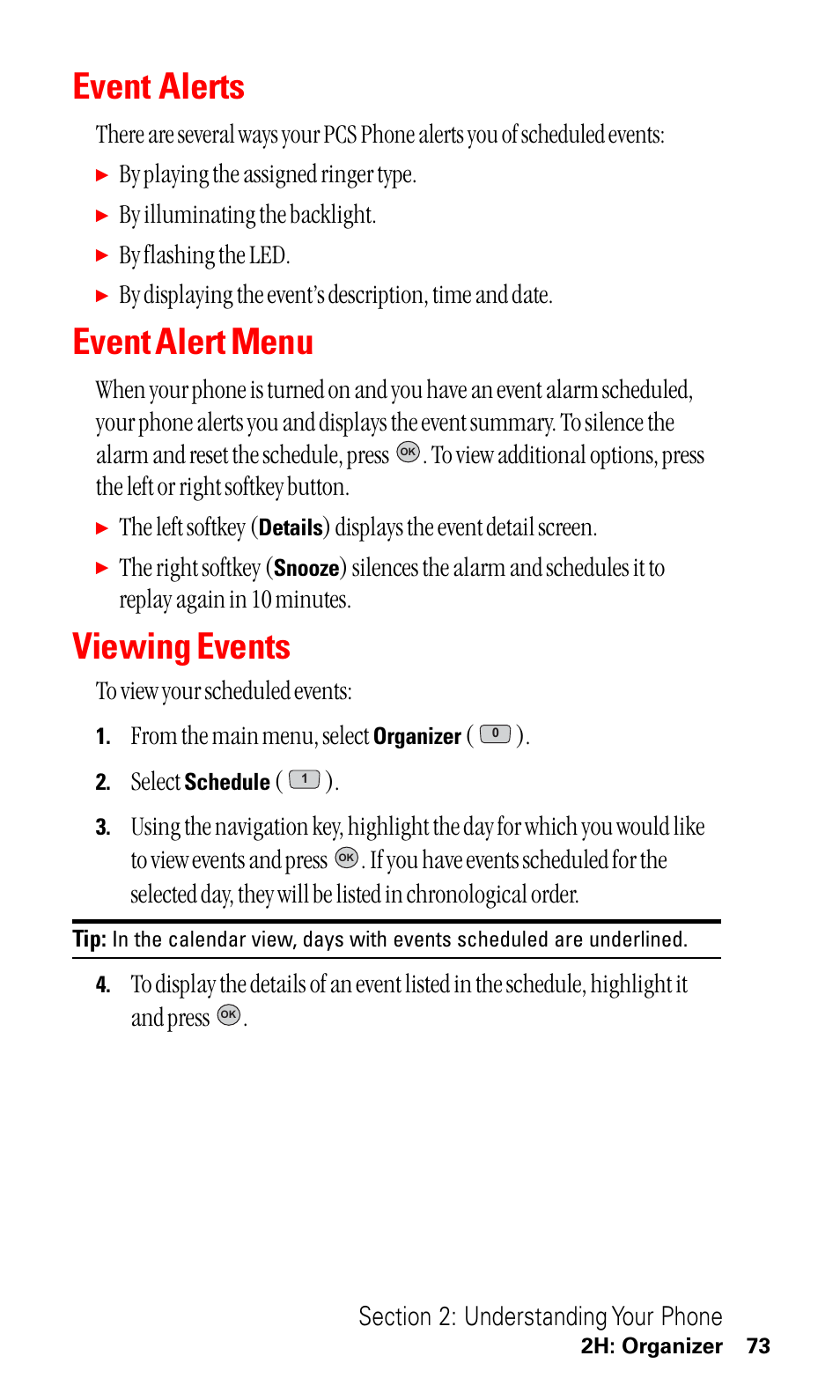 Event alert menu, Viewing events, Event alerts | By playing the assigned ringer type, By illuminating the backlight, By flashing the led, The left softkey, Displays the event detail screen, The right softkey, Select | LG ( 5350) User Manual | Page 81 / 155