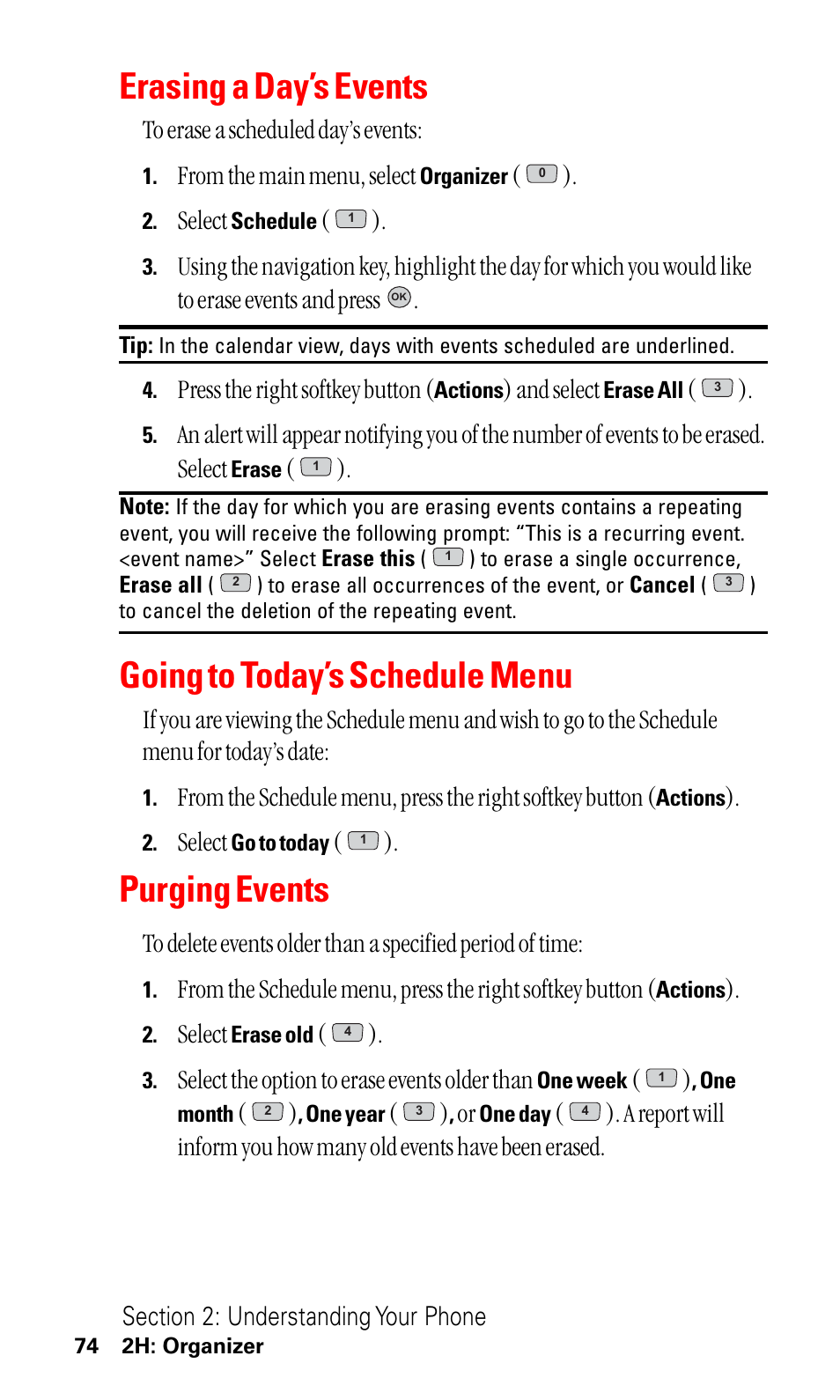 Going to today’s schedule menu, Purging events, Erasing a day’s events | Select, Press the right softkey button, And select, Select the option to erase events older than | LG ( 5350) User Manual | Page 82 / 155