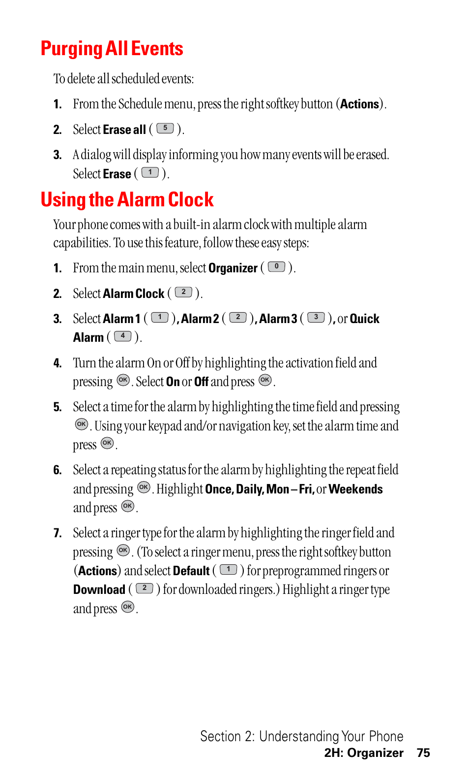 Purging all events, Using the alarm clock, Select | And press, And select, For preprogrammed ringers or | LG ( 5350) User Manual | Page 83 / 155