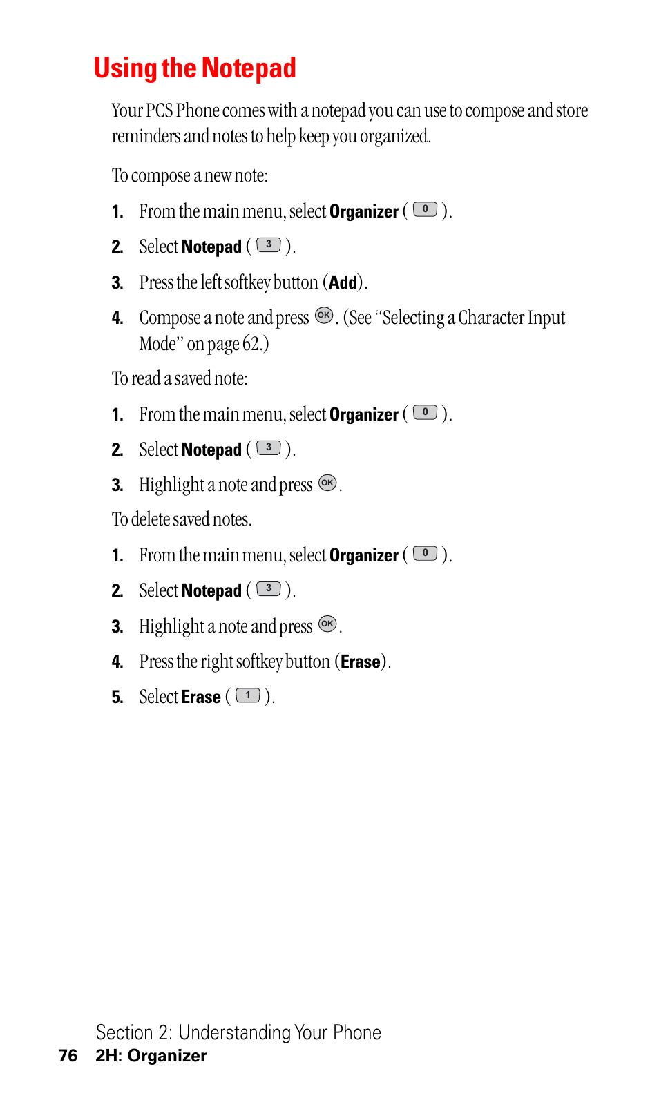 Using the notepad, Select, Press the left softkey button | Press the right softkey button | LG ( 5350) User Manual | Page 84 / 155