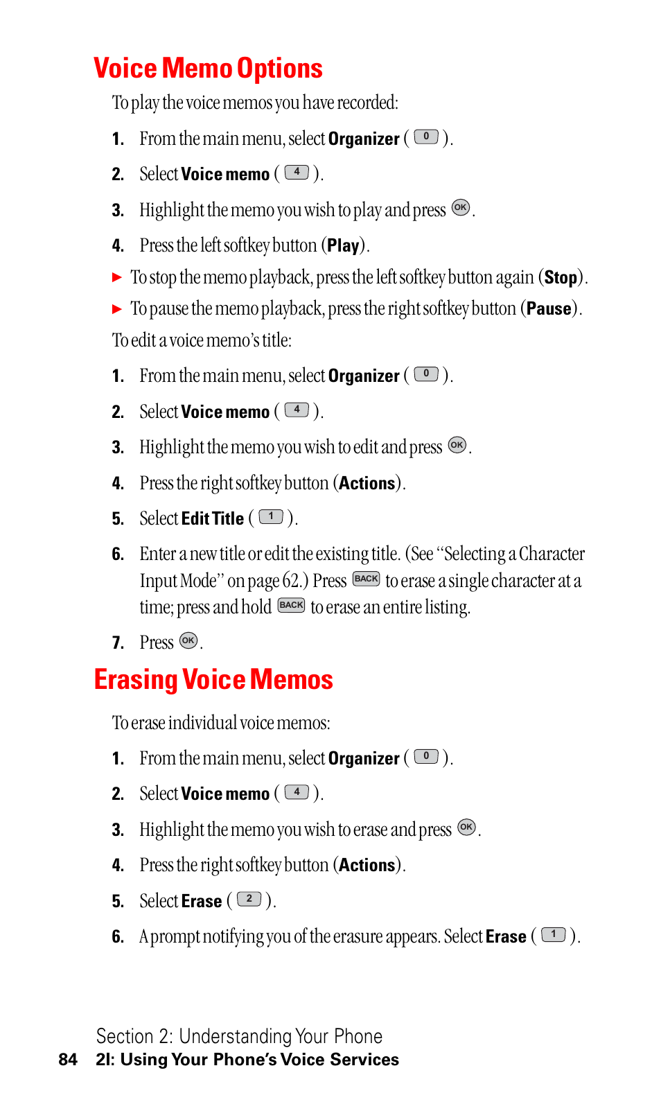 Voice memo options, Erasing voice memos, Select | Press the left softkey button, Press the right softkey button, Press | LG ( 5350) User Manual | Page 92 / 155