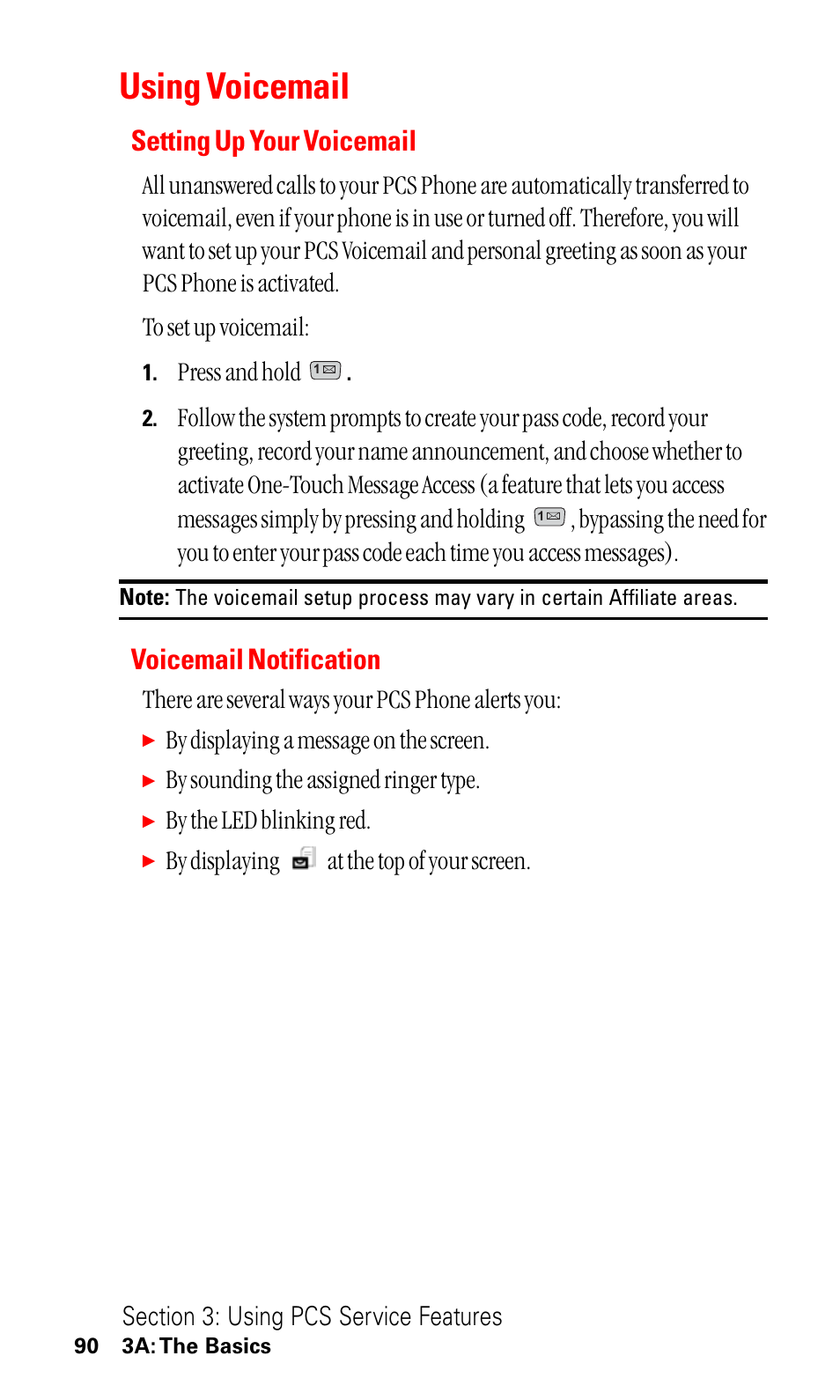 Using voicemail, Setting up your voicemail, Voicemail notification | Press and hold, There are several ways your pcs phone alerts you, By displaying a message on the screen, By sounding the assigned ringer type, By the led blinking red, By displaying at the top of your screen | LG ( 5350) User Manual | Page 98 / 155