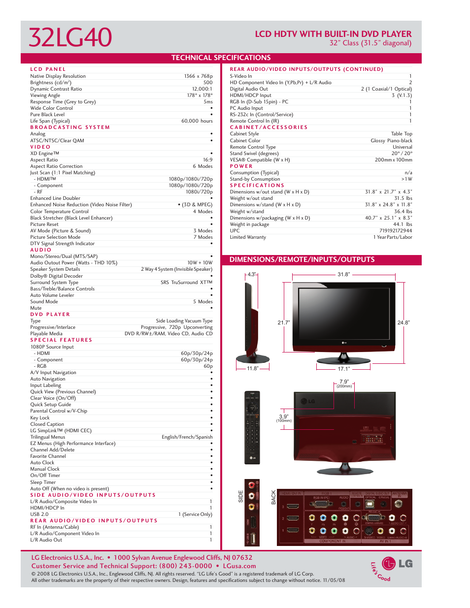 32lg40, Lcd hdtv with built-in dvd player | LG 3240 User Manual | Page 2 / 2