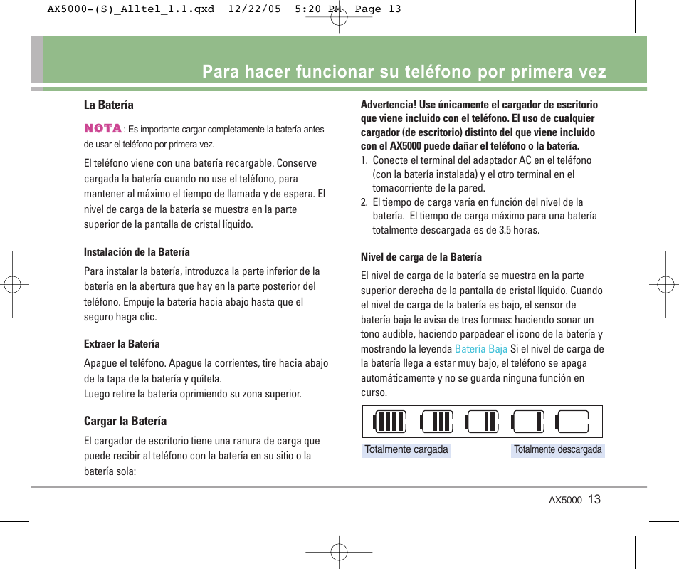 Para hacer funcionar su teléfono por primera vez | LG AX5000 User Manual | Page 101 / 174