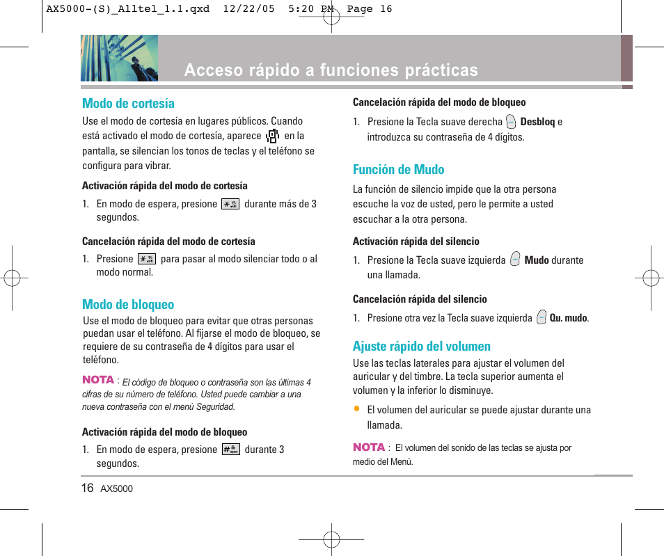 Acceso rápido a funciones prácticas, Modo de cortesía, Modo de bloqueo | Función de mudo, Ajuste rápido del volumen | LG AX5000 User Manual | Page 104 / 174