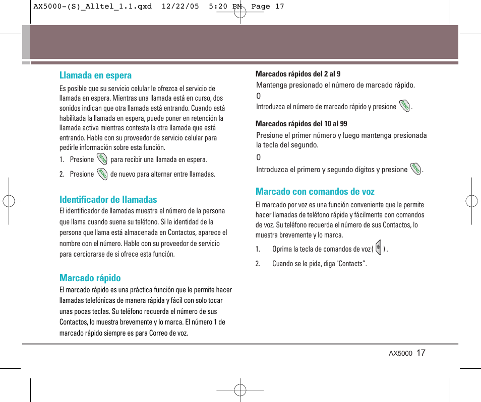 Llamada en espera, Identificador de llamadas, Marcado rápido | Marcado con comandos de voz | LG AX5000 User Manual | Page 105 / 174