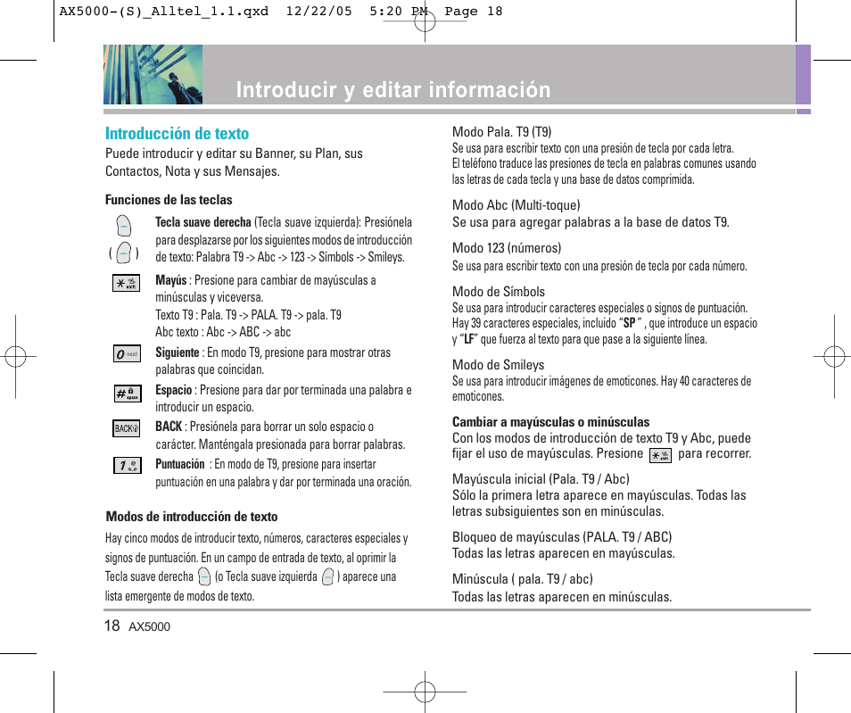 Introducir y editar información, Introducción de texto | LG AX5000 User Manual | Page 106 / 174