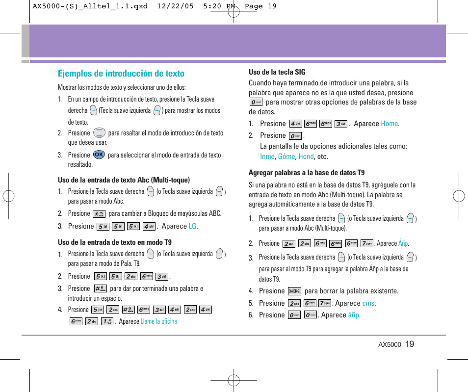 Ejemplos de introducción de texto | LG AX5000 User Manual | Page 107 / 174