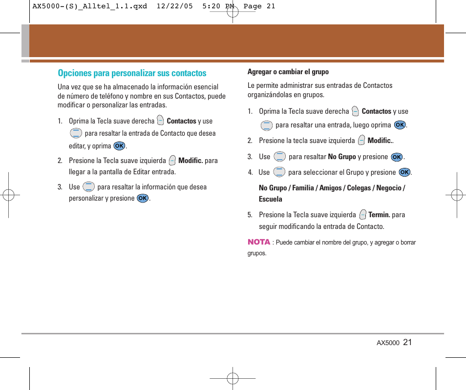 Opciones para personalizar sus contactos | LG AX5000 User Manual | Page 109 / 174
