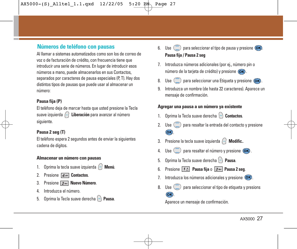 Números de teléfono con pausas | LG AX5000 User Manual | Page 115 / 174