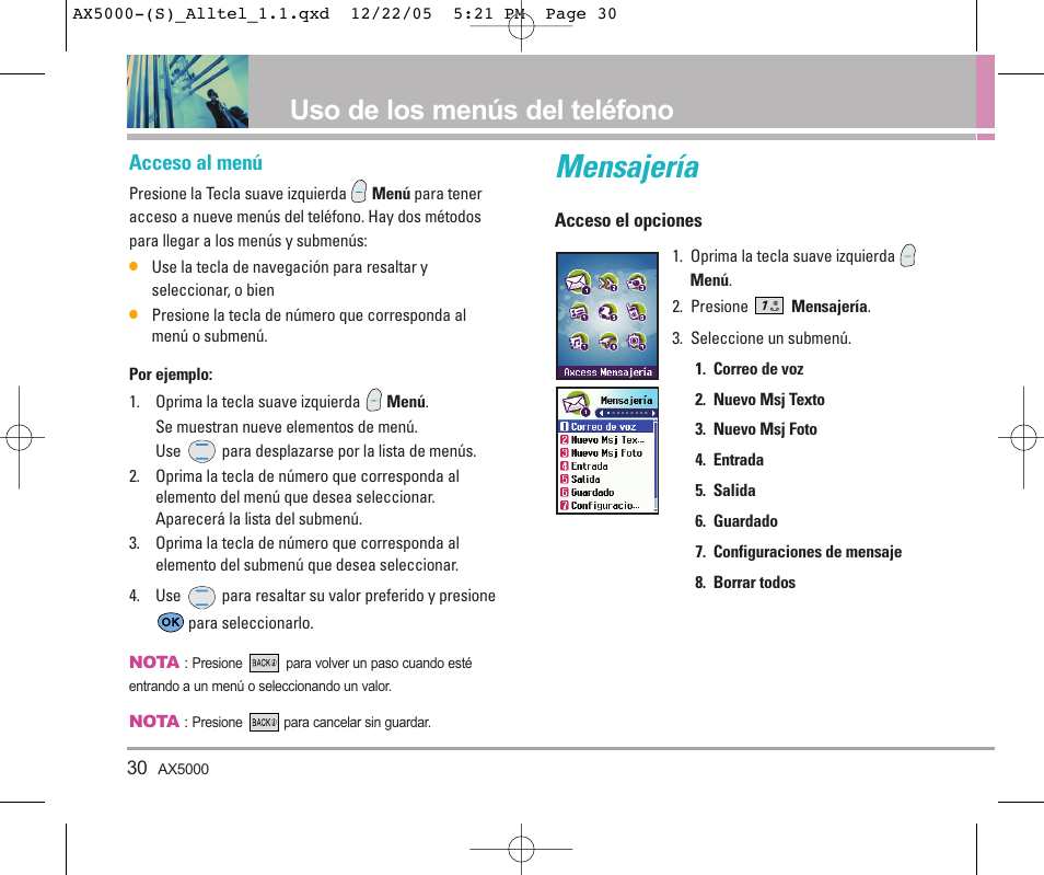 Mensajería, Uso de los menús del teléfono, Acceso al menú | LG AX5000 User Manual | Page 118 / 174