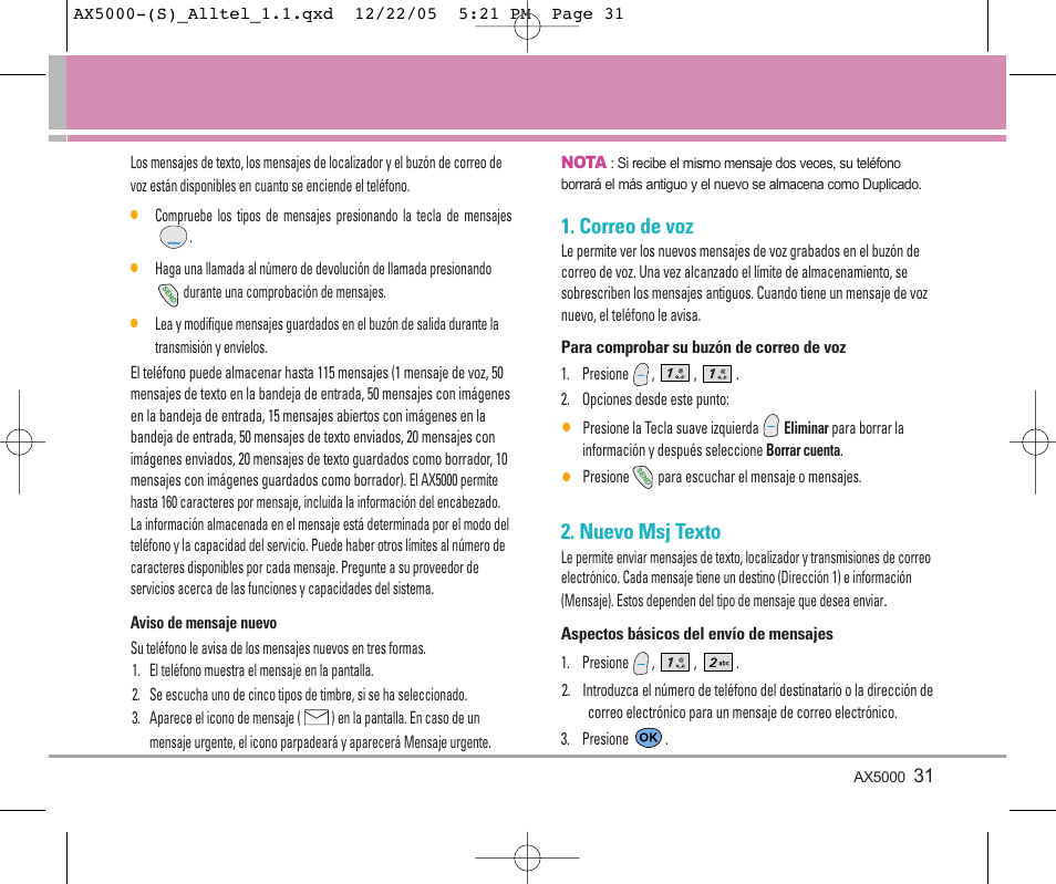 Correo de voz, Nuevo msj texto | LG AX5000 User Manual | Page 119 / 174