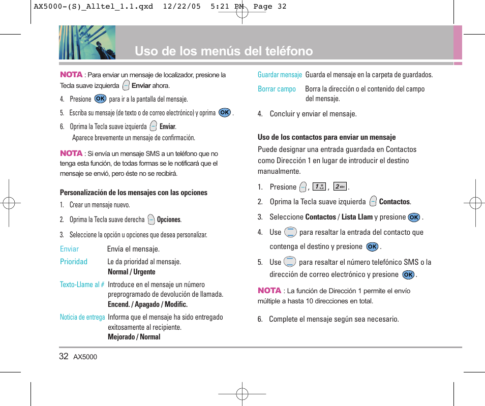 Uso de los menús del teléfono | LG AX5000 User Manual | Page 120 / 174