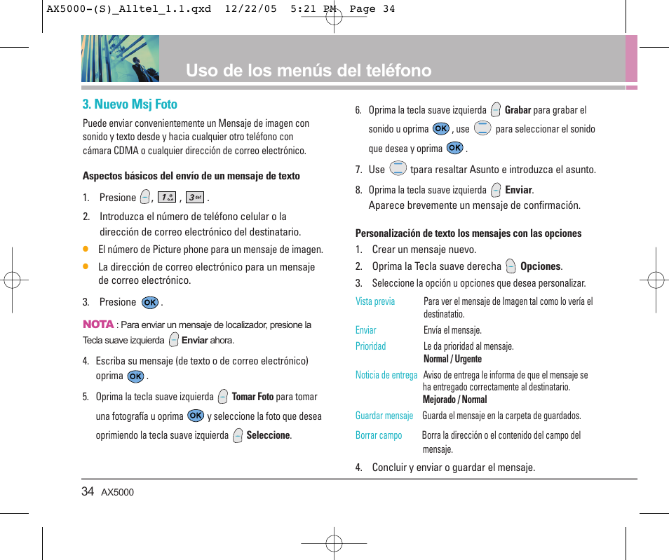 Uso de los menús del teléfono, Nuevo msj foto | LG AX5000 User Manual | Page 122 / 174