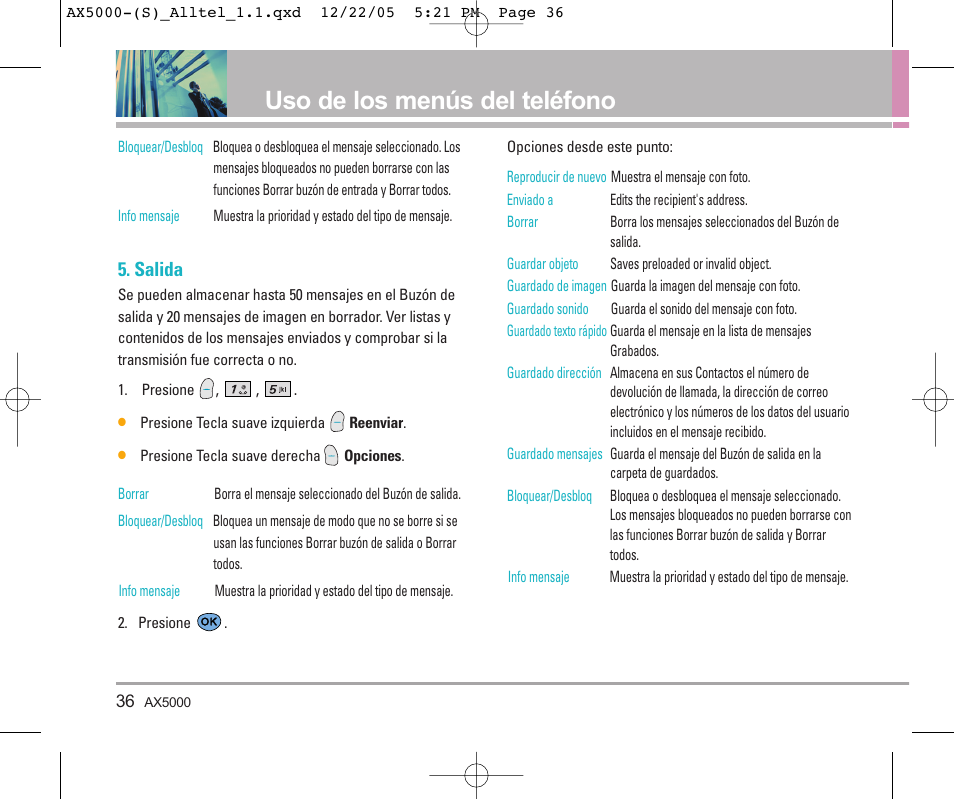 Uso de los menús del teléfono, Salida | LG AX5000 User Manual | Page 124 / 174