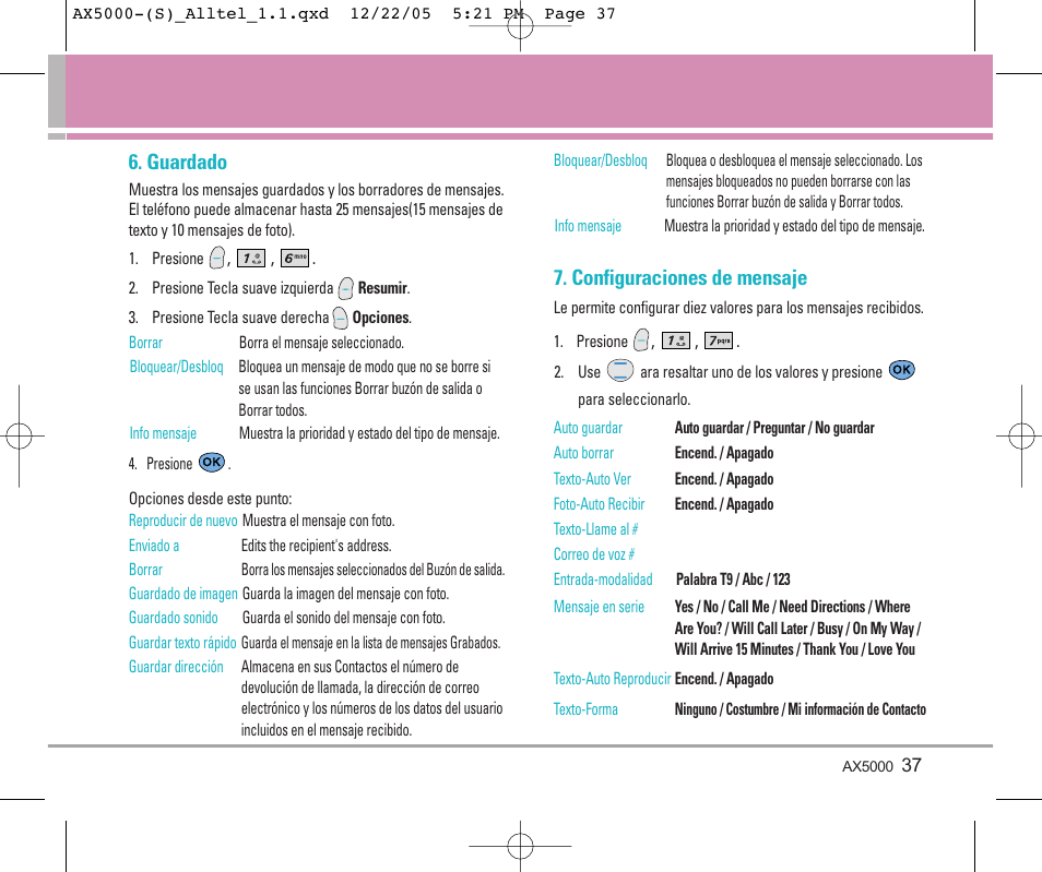 Guardado, Configuraciones de mensaje | LG AX5000 User Manual | Page 125 / 174