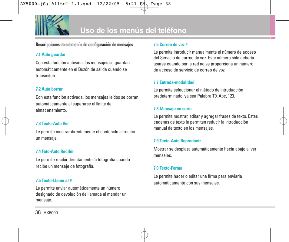 Uso de los menús del teléfono | LG AX5000 User Manual | Page 126 / 174