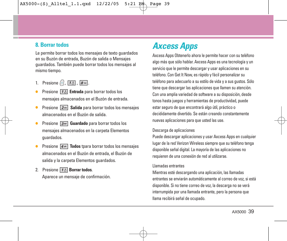 Axcess apps, Borrar todos | LG AX5000 User Manual | Page 127 / 174