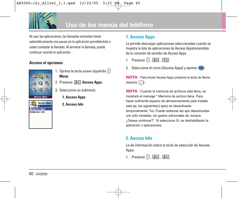 Uso de los menús del teléfono, Axcess apps, Axcess info | LG AX5000 User Manual | Page 128 / 174