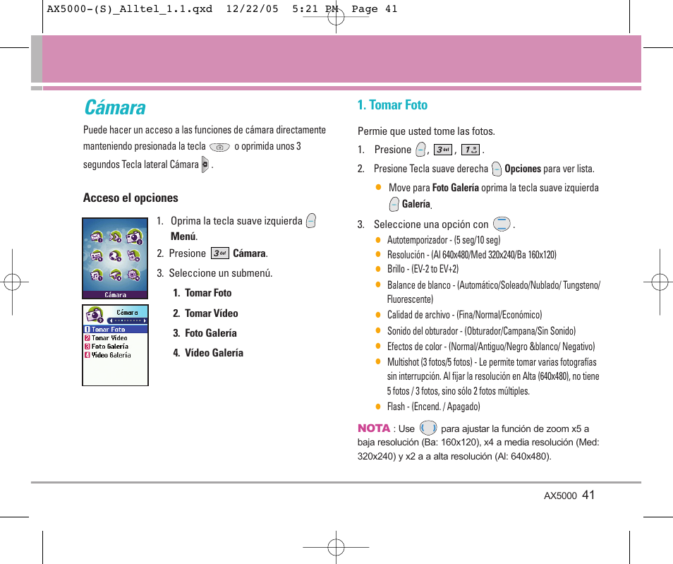 Cámara, Tomar foto | LG AX5000 User Manual | Page 129 / 174