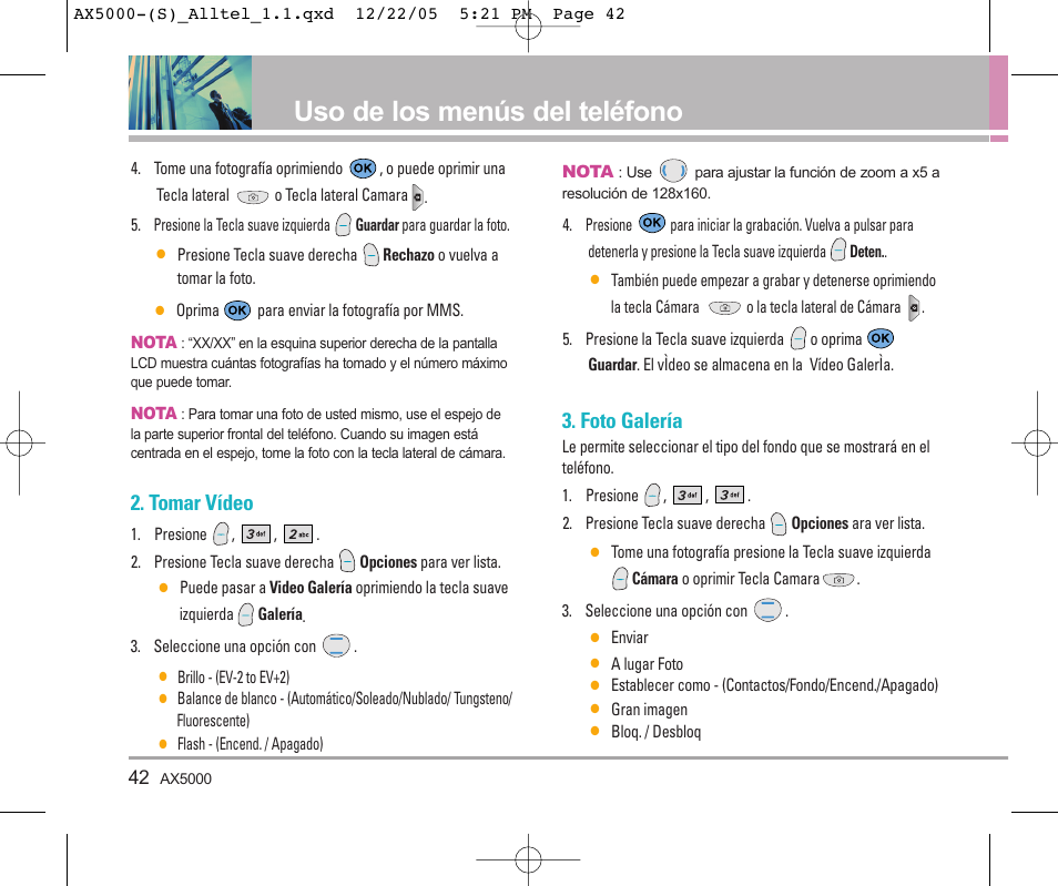 Uso de los menús del teléfono, Tomar vídeo, Foto galería | LG AX5000 User Manual | Page 130 / 174