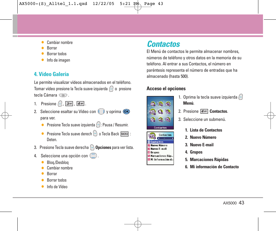 Contactos, Vídeo galería | LG AX5000 User Manual | Page 131 / 174