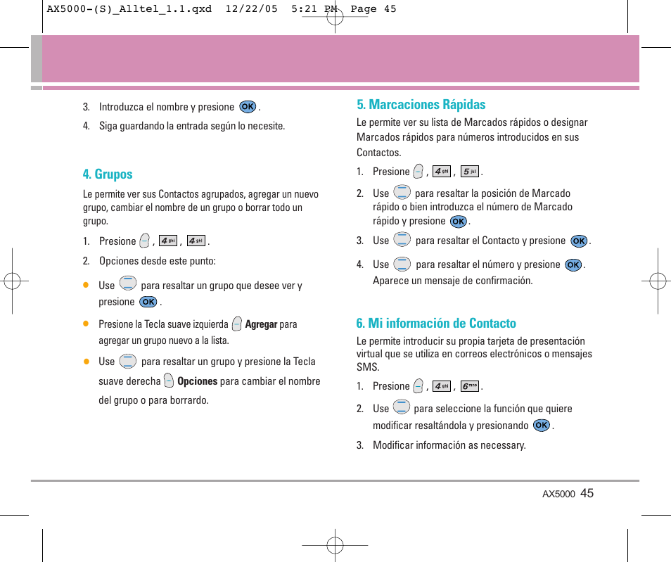 Grupos, Marcaciones rápidas, Mi información de contacto | LG AX5000 User Manual | Page 133 / 174