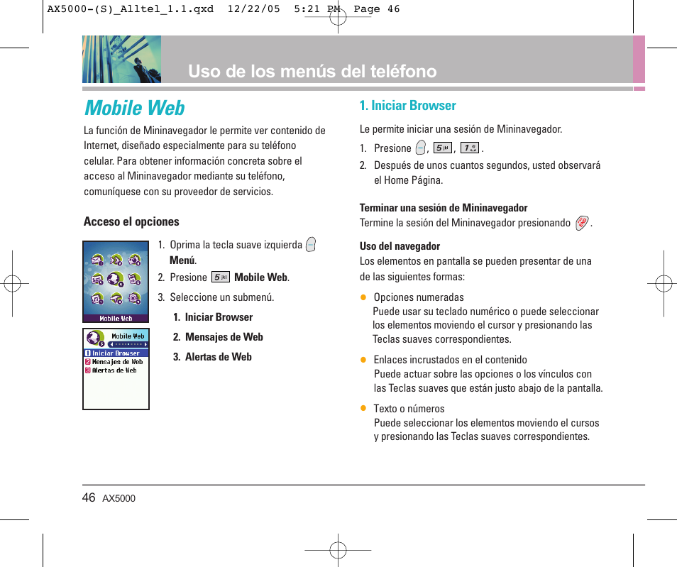 Mobile web, Uso de los menús del teléfono, So de | LG AX5000 User Manual | Page 134 / 174