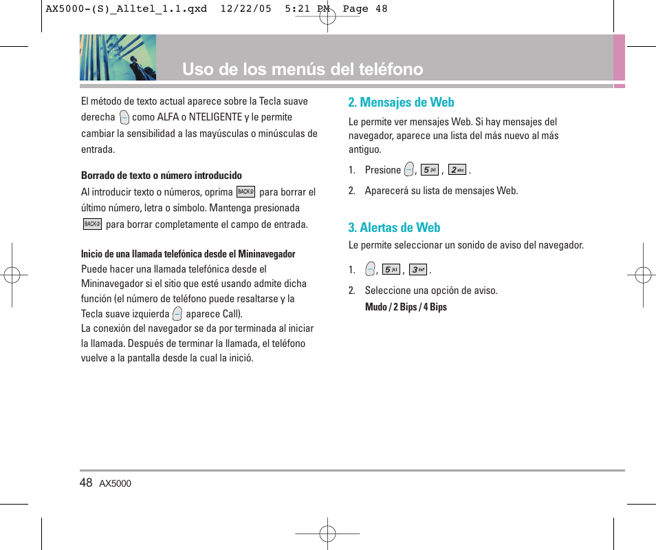 Uso de los menús del teléfono, Mensajes de web, Alertas de web | LG AX5000 User Manual | Page 136 / 174