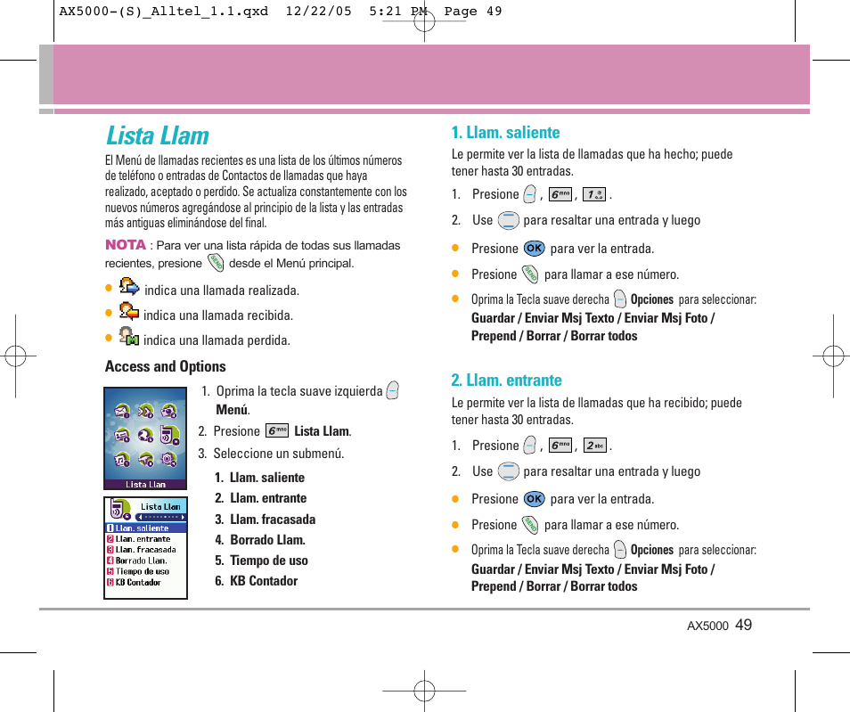 Lista llam, Llam. saliente, Llam. entrante | LG AX5000 User Manual | Page 137 / 174