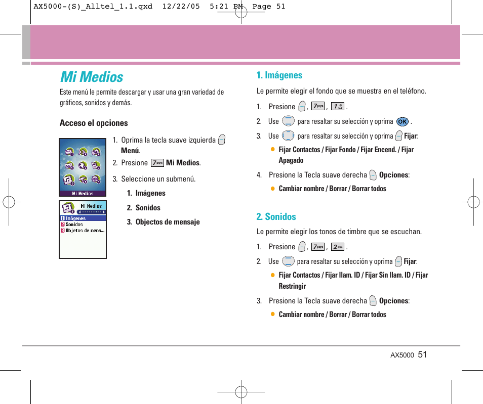 Mi medios, Imágenes, Sonidos | LG AX5000 User Manual | Page 139 / 174