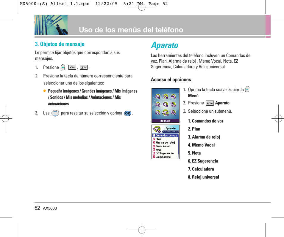 Aparato, Uso de los menús del teléfono | LG AX5000 User Manual | Page 140 / 174