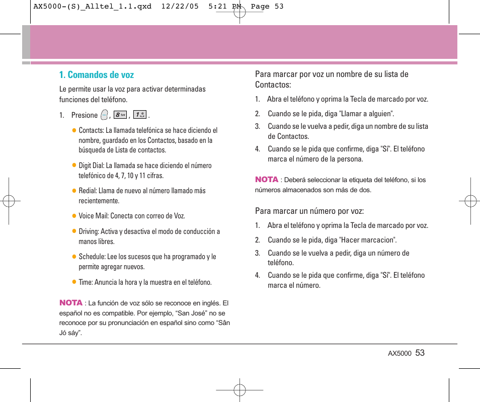 Comandos de voz | LG AX5000 User Manual | Page 141 / 174