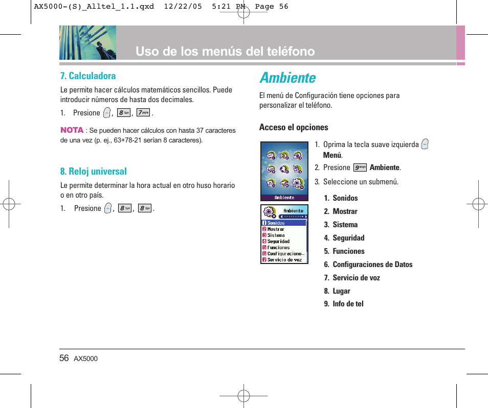 Ambiente, Uso de los menús del teléfono, E menususing phone me | LG AX5000 User Manual | Page 144 / 174