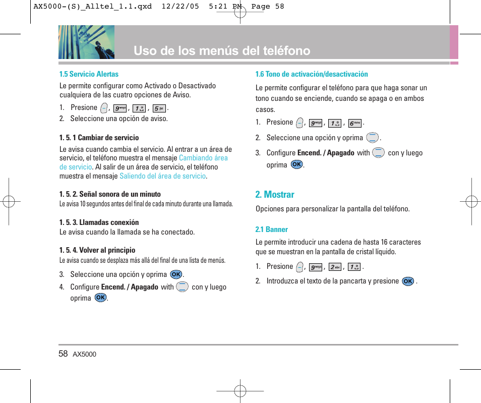Uso de los menús del teléfono, Mostrar | LG AX5000 User Manual | Page 146 / 174