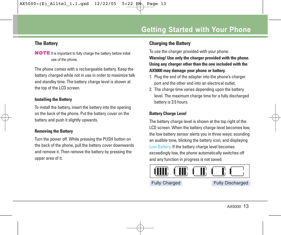 Getting started with your phone | LG AX5000 User Manual | Page 15 / 174